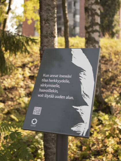 Hiljaisuuden polun taulu Sammakkolammen rannalla.