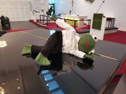 Samuel sammakko makaa flyygelin päällä.