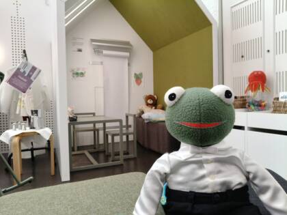 Samuel-sammakko ja hänen takanaan Puijon kirkon leikkipaikka tavaroineen.