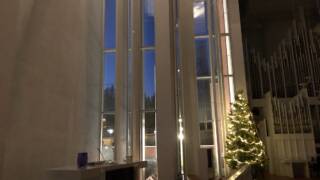 Valaistu joulukuusi hämärässä kirkossa.