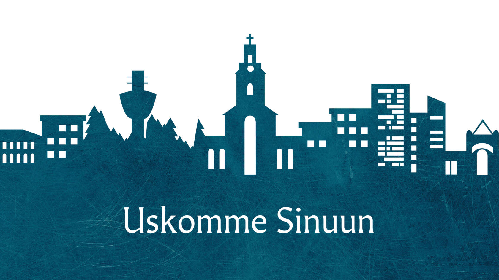 Piirroskuvio Kuopion kaupungin siluetista, keskellä Tuomiokirkko.
