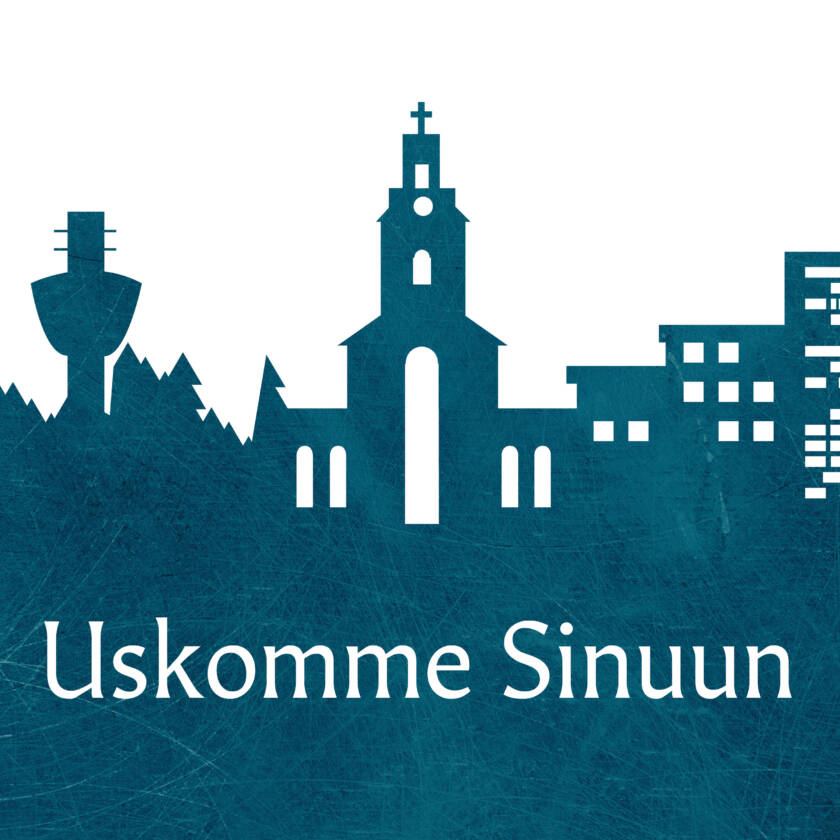 Piirroskuvio Kuopion kaupungin siluetista, keskellä Tuomiokirkko.