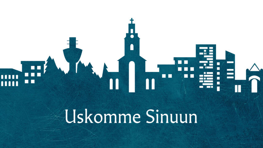 Piirroskuvio Kuopion kaupungin siluetista, keskellä Tuomiokirkko.