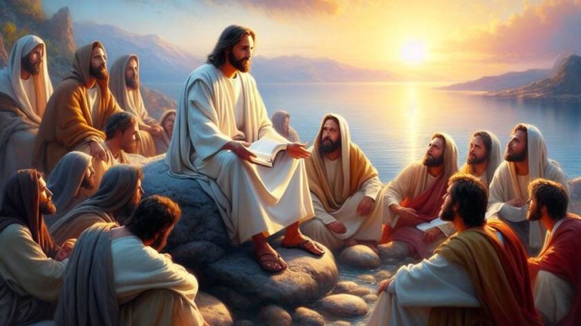 Jeesus opettaa, miehiä hänen ympärillään istumassa.