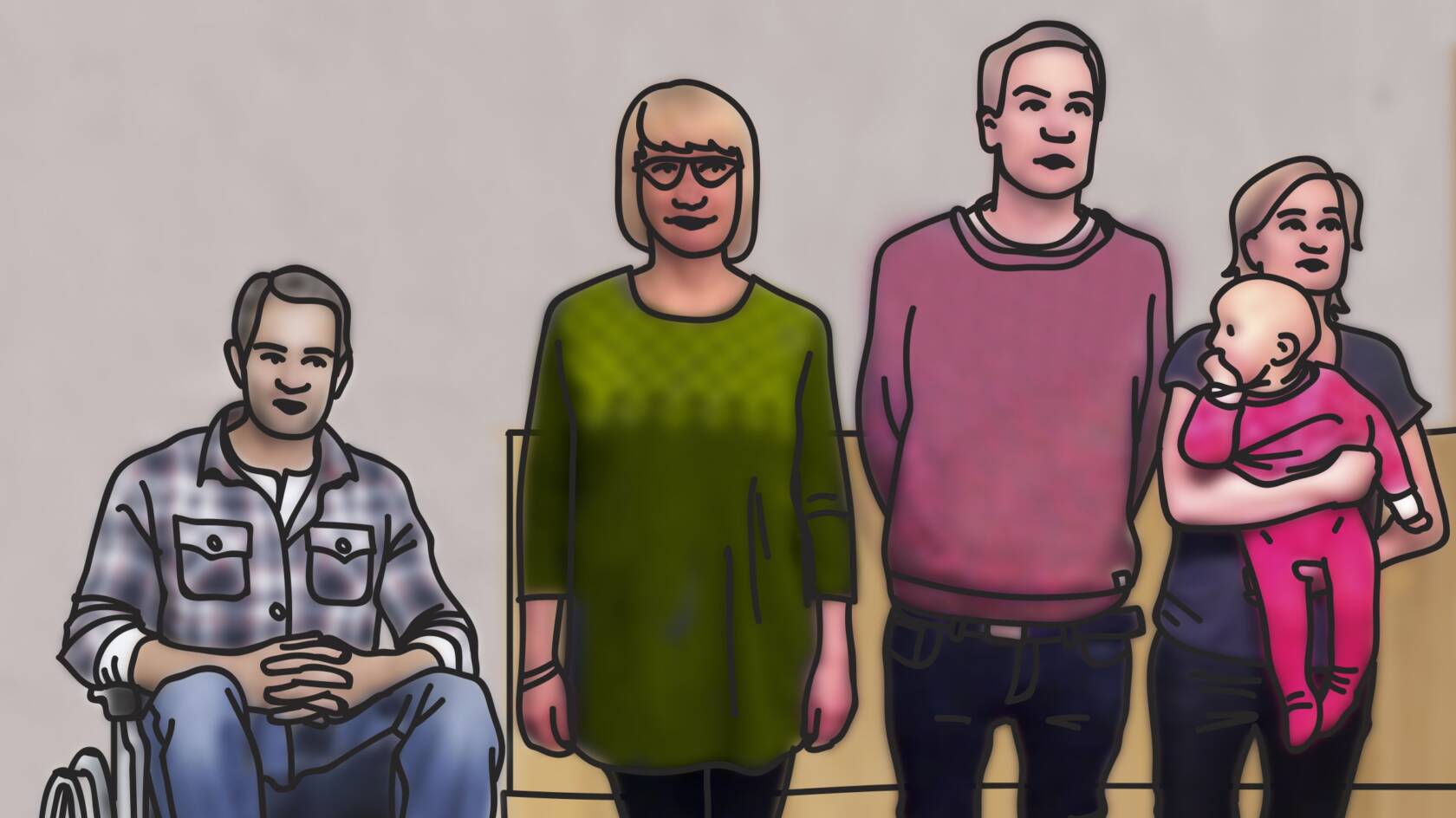 Ryhmä ihmisiä, joista yksi istuu pyörätuolissa. Muut seisovat vieressä, yksi pitää vauvaa sylissään. Taustalla on vaalea sohva.